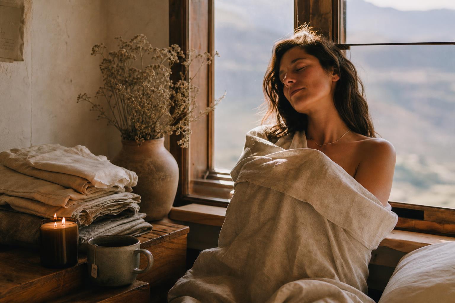 Therapist giving a calm, restorative massage in a sunlit mountain retreat room