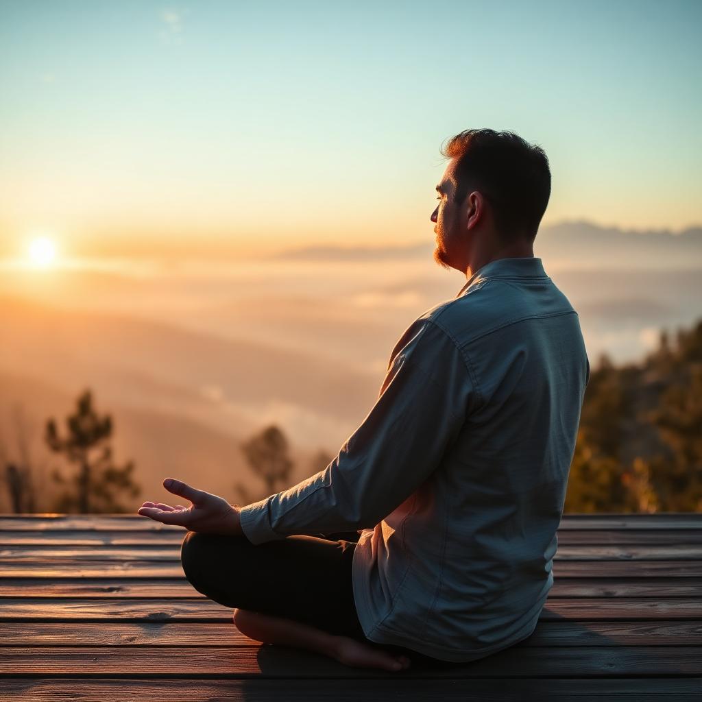 David meditating on a deck overlooking misty mountains
