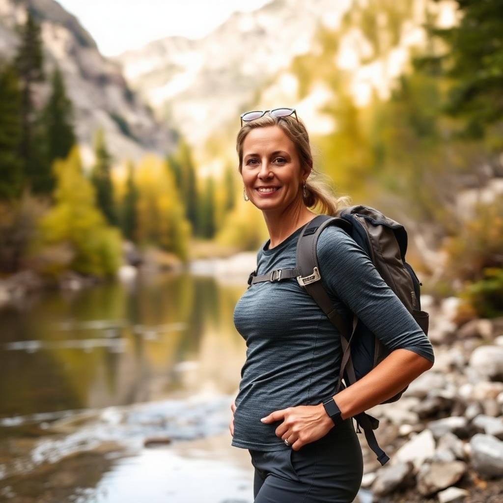 Emily standing by a quiet mountain river