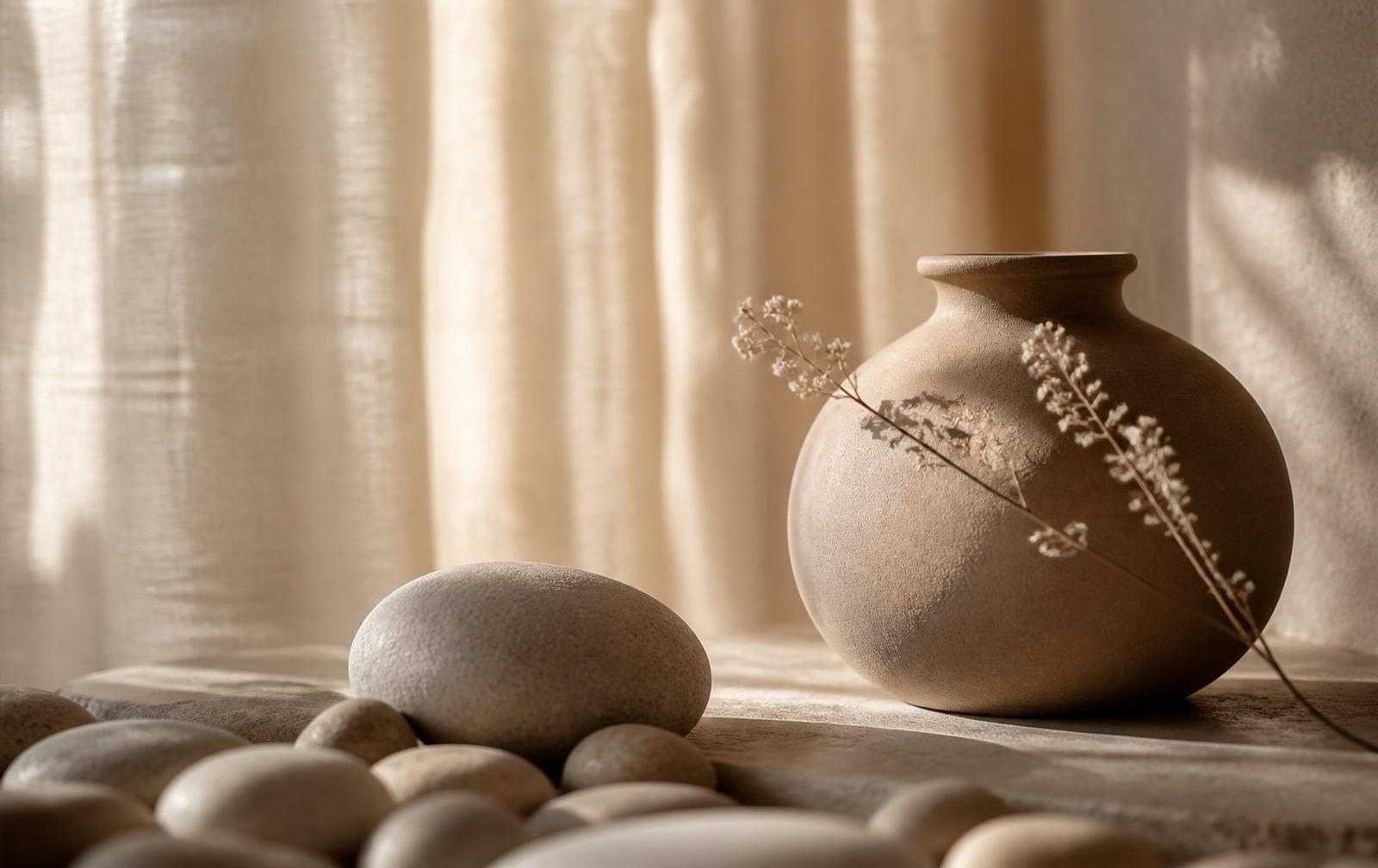 Smooth river stones, an organic clay vessel, and a delicate dried branch in warm morning light