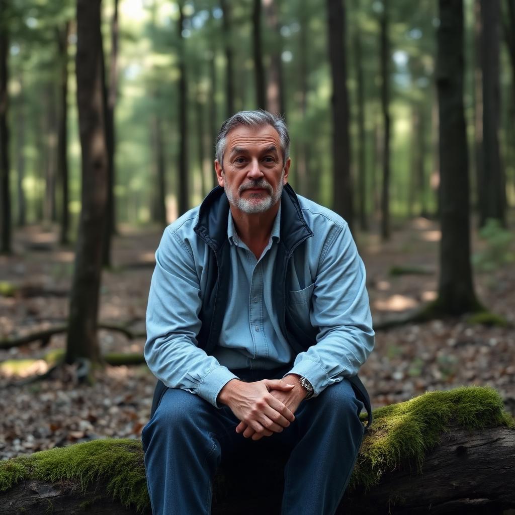 James sitting on a moss-covered log in a forest clearing