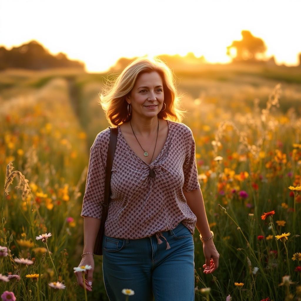 Lauren walking through a wildflower meadow at golden hour