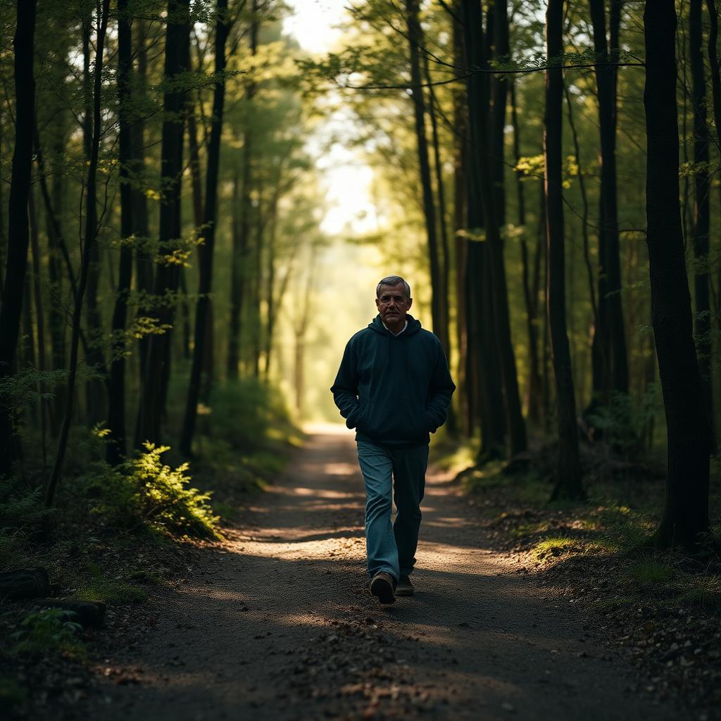Marcus walking on a quiet wooded path