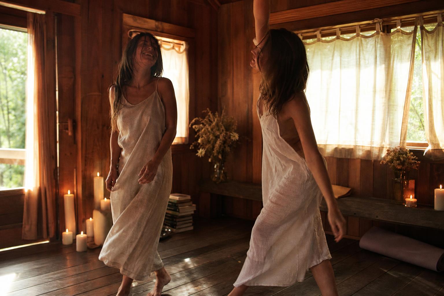 Woman in flowing linen practicing graceful movement on a sunlit wooden deck overlooking summer mountains and wildflowers