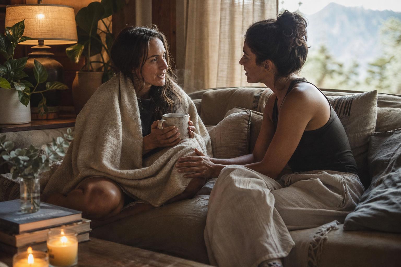 Practitioner guiding a client through restorative breathwork in a warm, plant-filled mountain retreat room