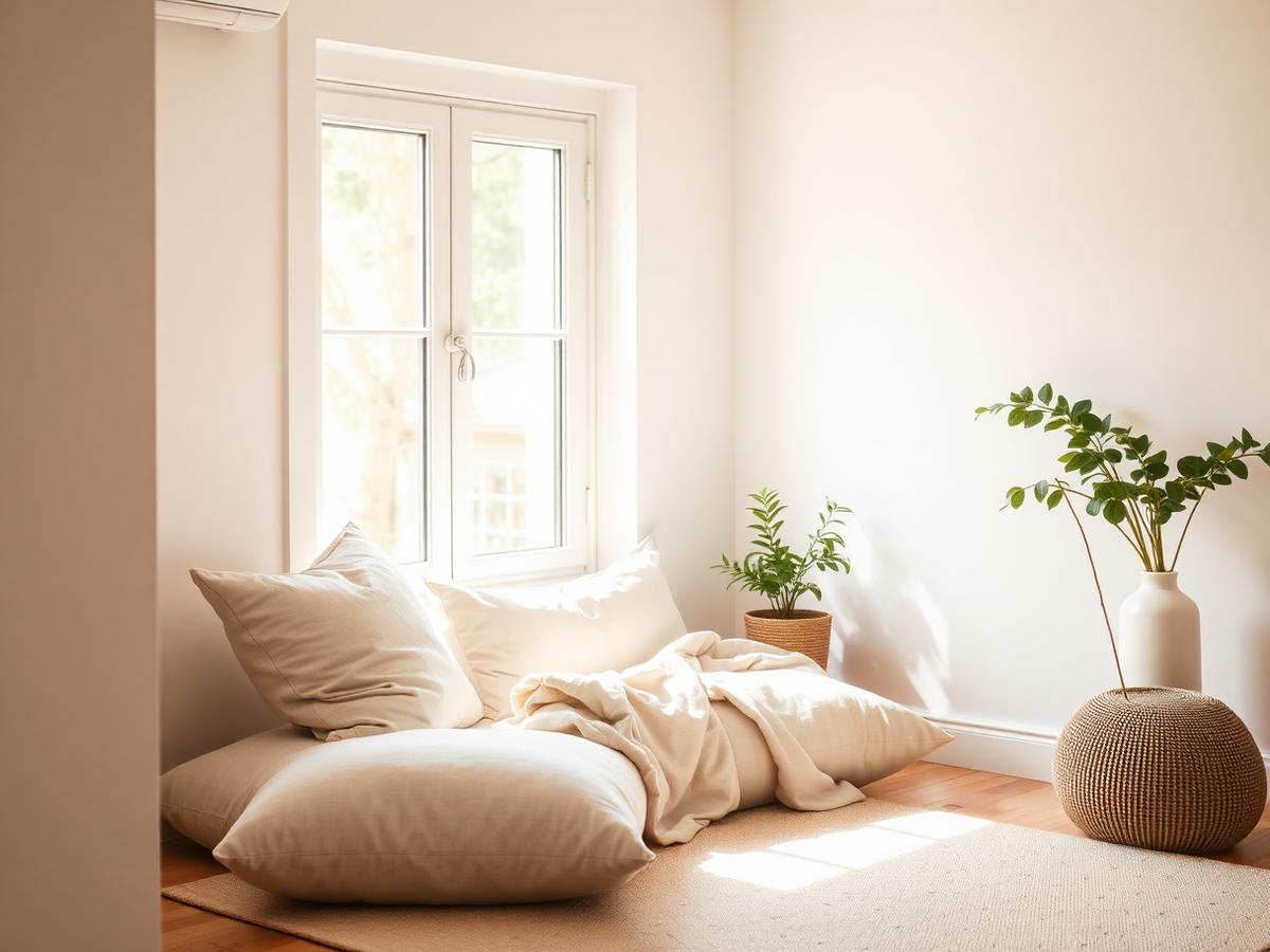 A calm home sanctuary corner with soft morning light, linen cushions, and plants