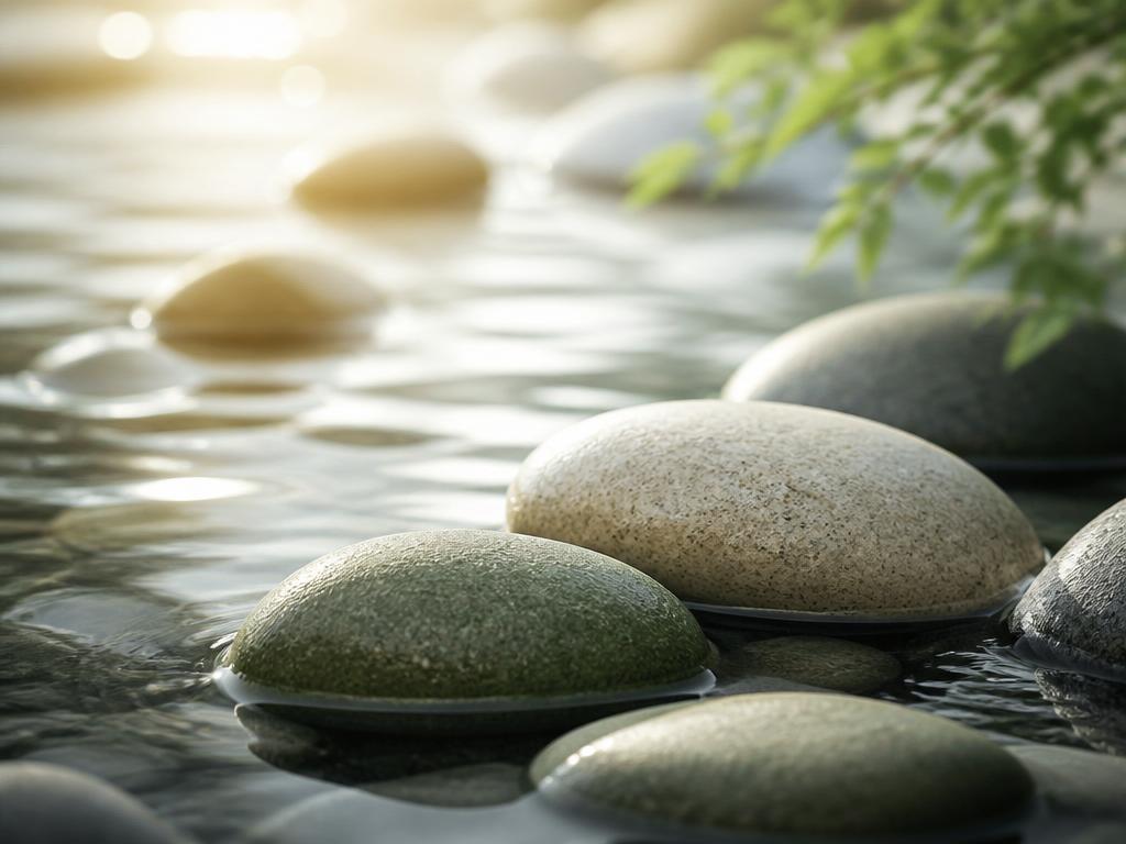 Smooth river stones resting in calm water with soft morning light