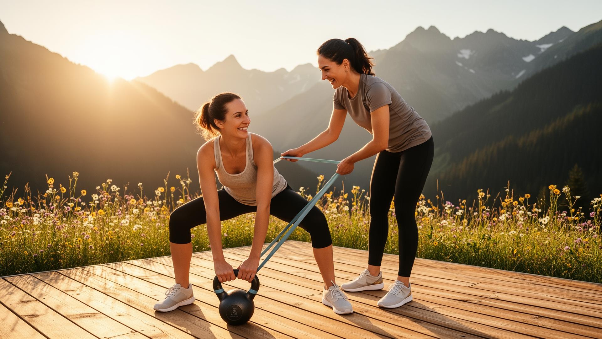 Friendly coach guiding a one-on-one functional strength session outdoors on a sunlit wooden deck with mountains and wildflowers