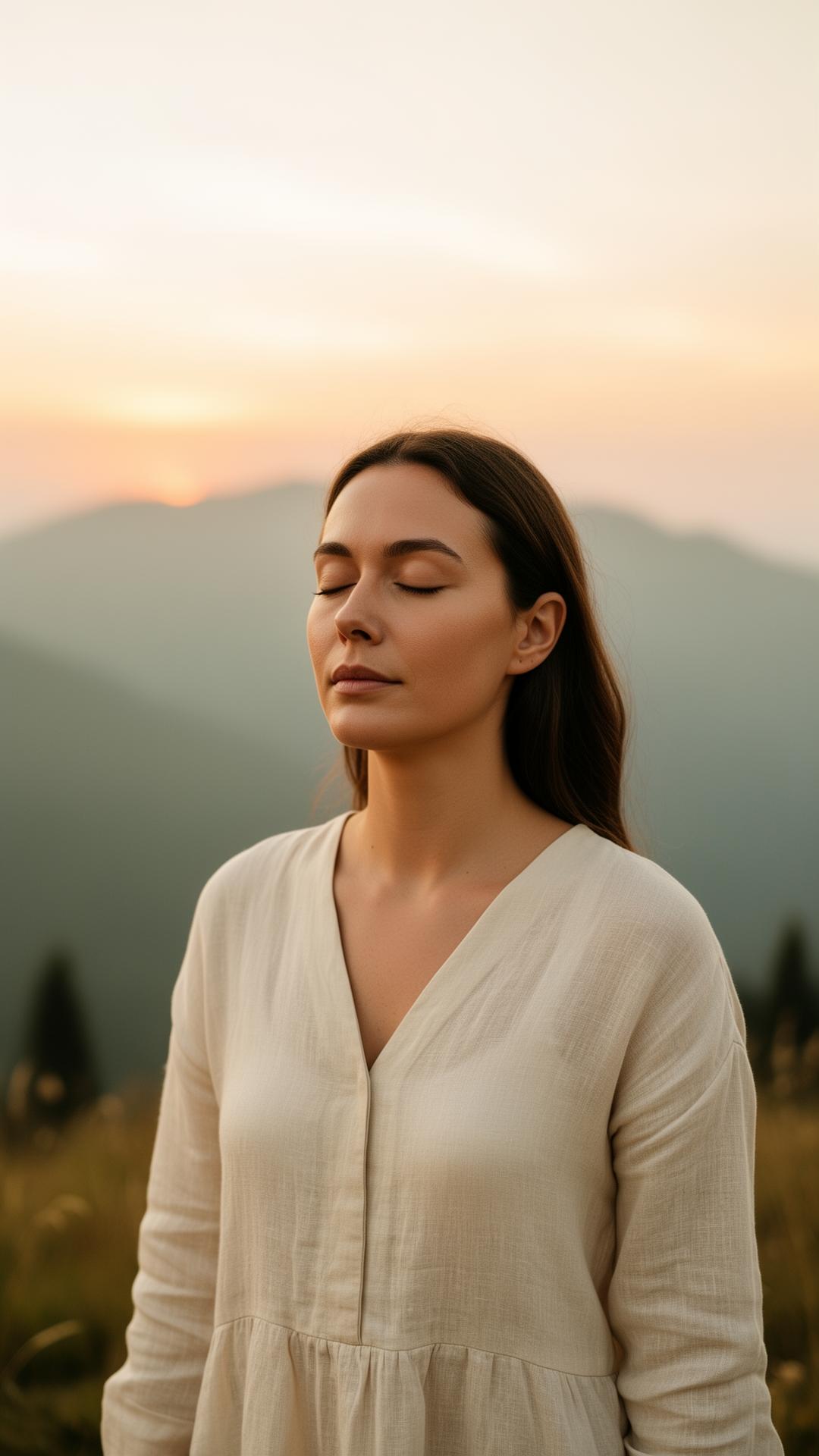 A person in linen practicing breathwork at sunrise