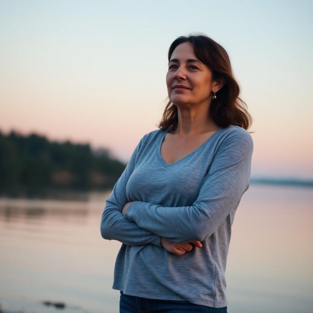 Rachel standing by a calm lake at dawn