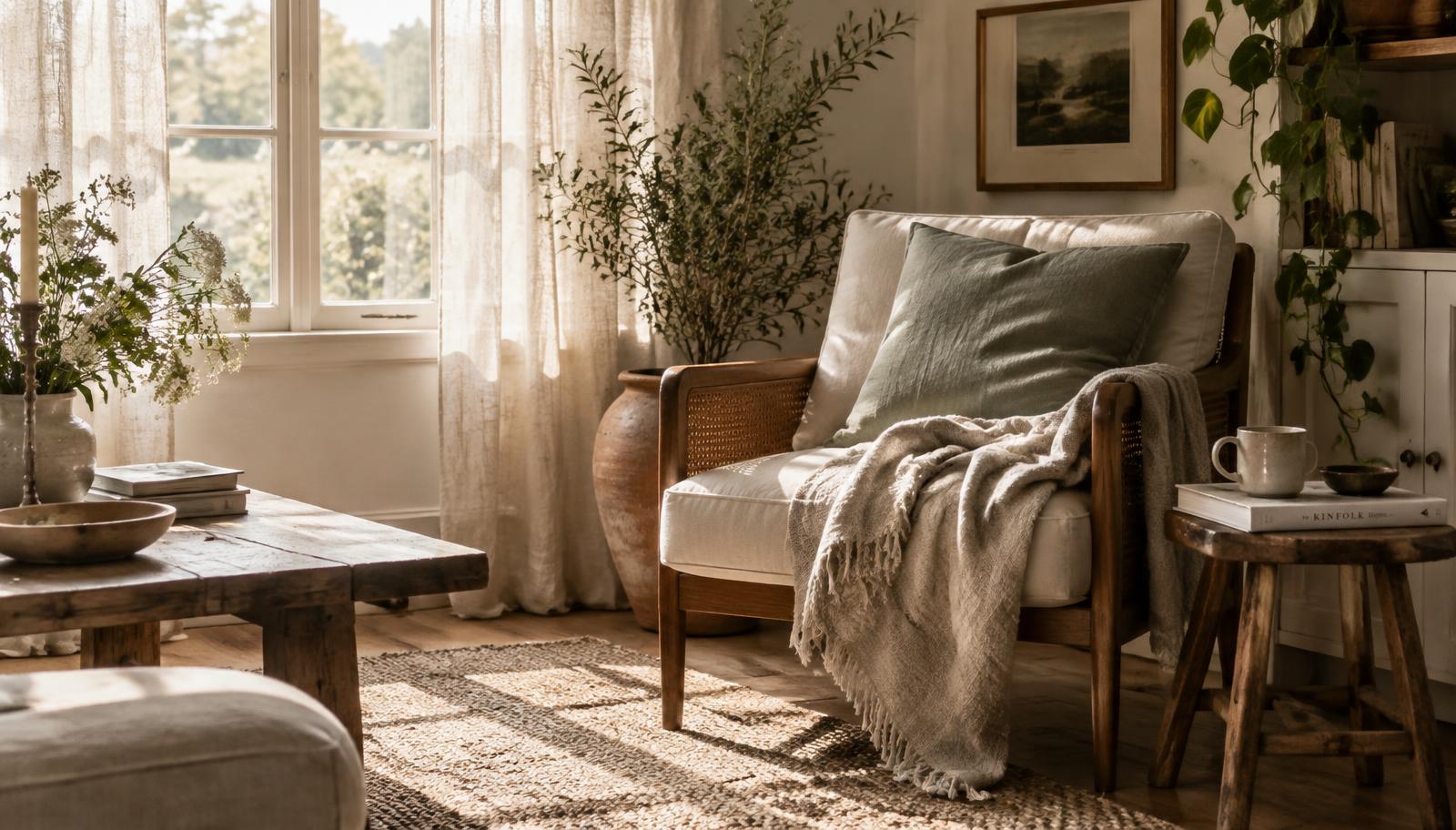 Sunlit quiet room with a soft chair, linen curtains and greenery