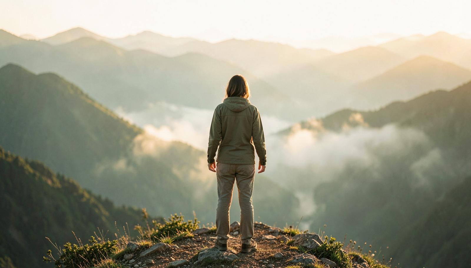 Person standing grounded on a sunlit mountain ridge above soft morning mist