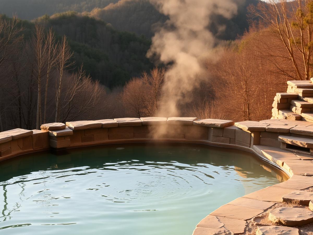 A steaming natural stone thermal pool overlooking forested Tennessee mountains