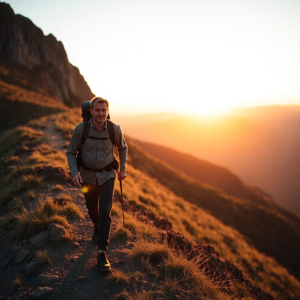 Thomas hiking up a mountain ridge at golden hour